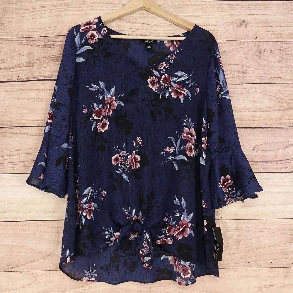 New! Alyx Blouse Womens 0X Blue Floral V-Neck 3/4 Bell Sleeve Tunic Top
